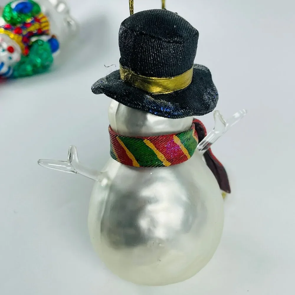 Glass Snowman Ornament Christmas Holiday Large Hand Painted Cloth Hat Scarf